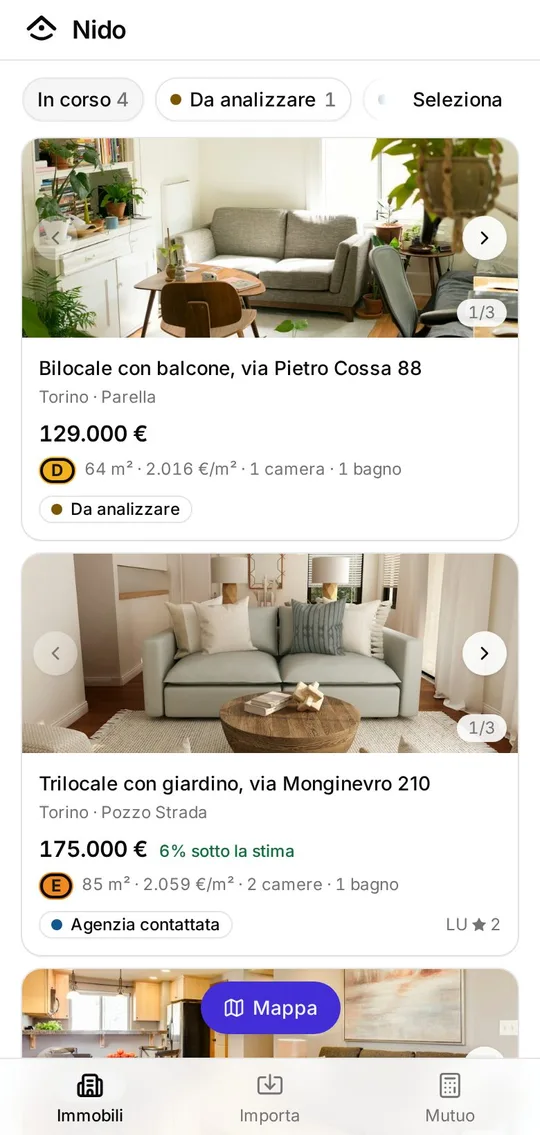 L’elenco delle case in Nido: due appartamenti con foto, prezzo, classe energetica e stato