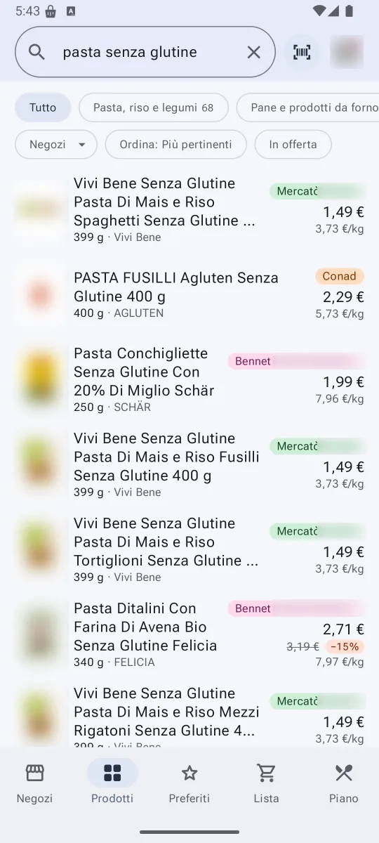 La schermata Prodotti di SingleMall: prodotti con il prezzo e il negozio che li vende a meno